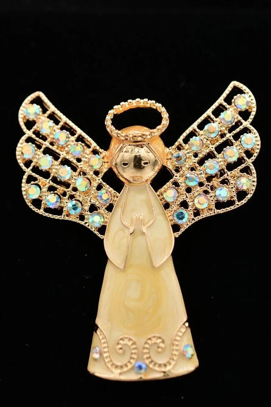 Monet Vintage Crystal Angel Pin Brooch Enamel Gold AB Rhinestone Christmas BinAT